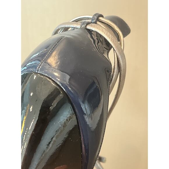 Yves Saint Laurent Rive Gauche Patent Leather Heels Sandals Navy Blue 38.5 YSL - Picture 8 of 16